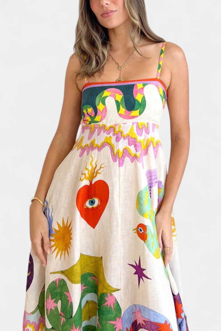 Vestido Midi de Mezcla de Lino Impresa Arlene