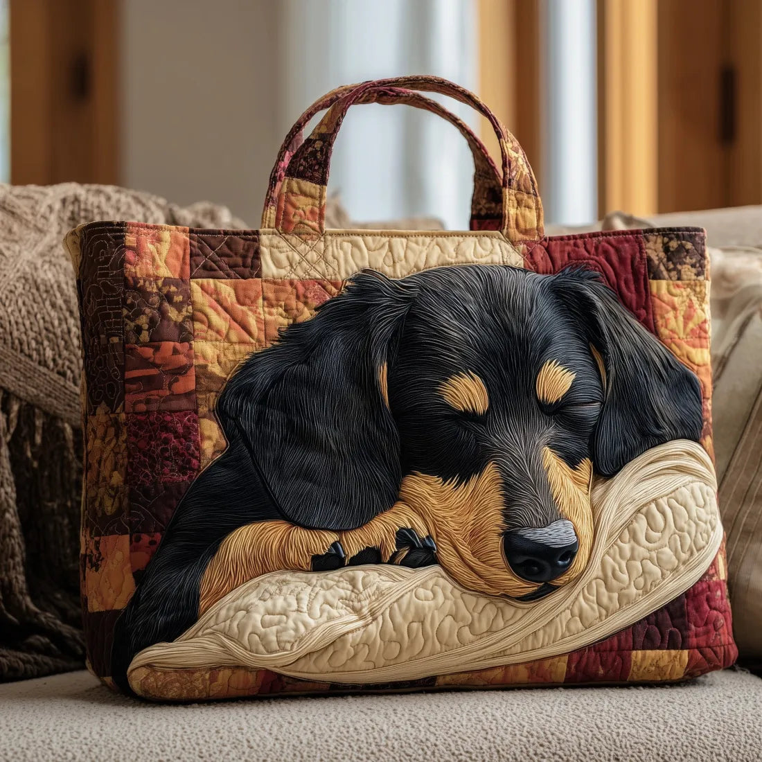 Bolso artesanal con estampado de perro acostado