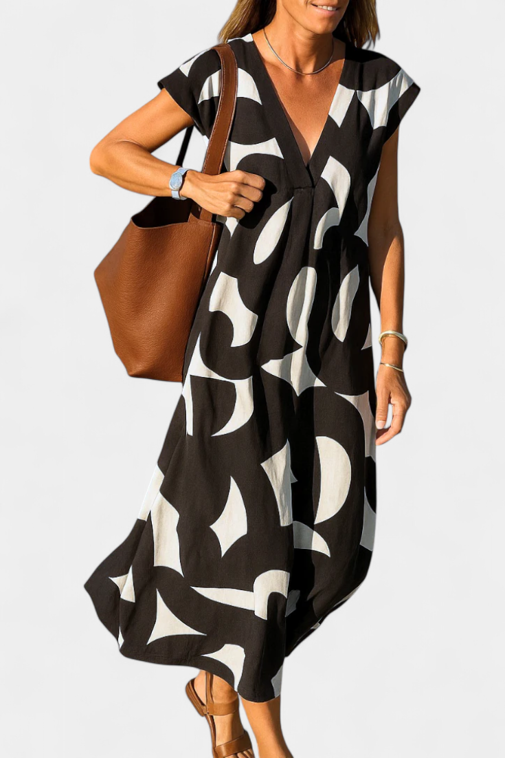 Vestido Casual Asela con Escote en V y Estampado Mixto
