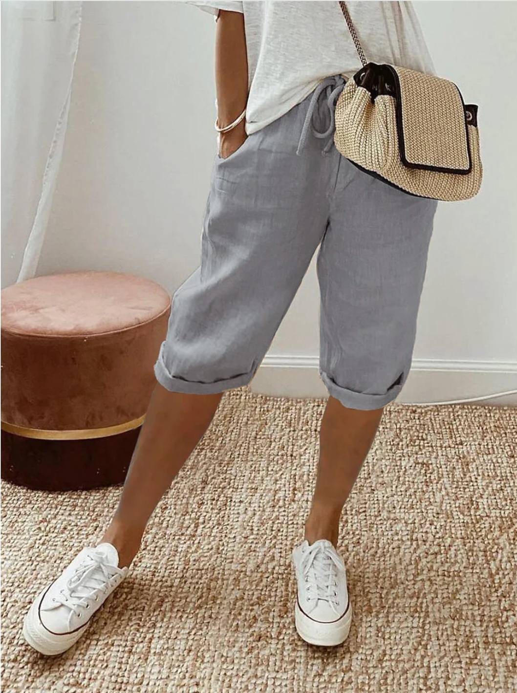 Pantalones cortos informales de algodón y lino para mujer