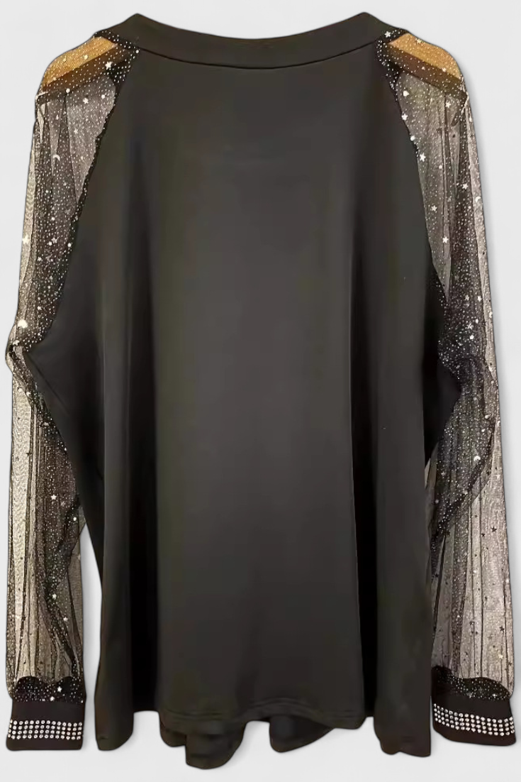 Blusa Floral Elegante con Mangas de Tul y Acentos de Strass