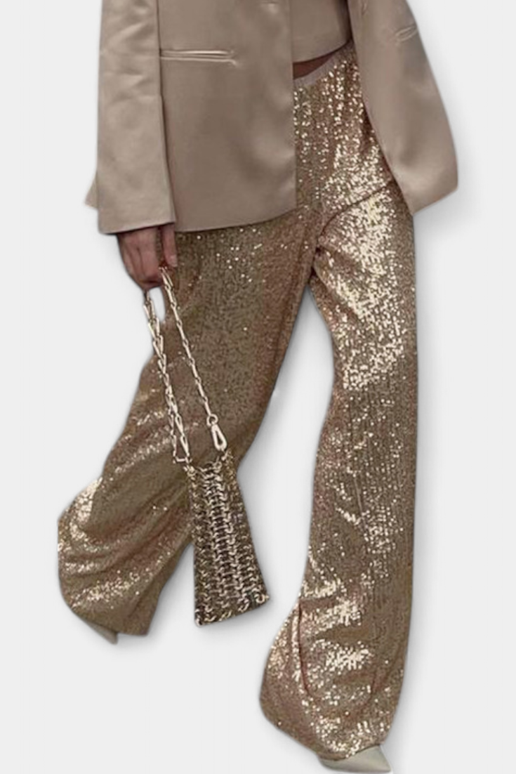 Pantalones de Lentejuelas de Cintura Alta Elva con Corte Relajado