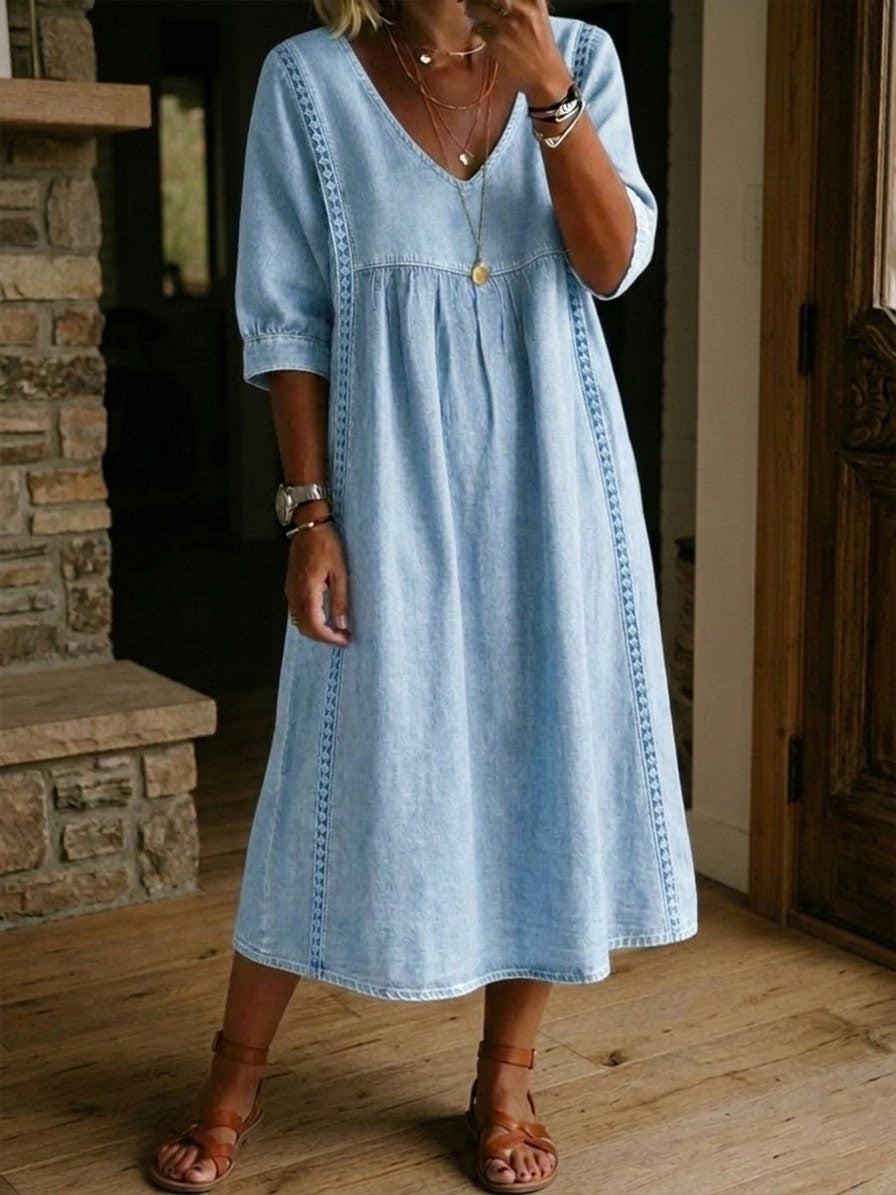 Teresa| Vestido holgado de denim vintage con detalles de encaje