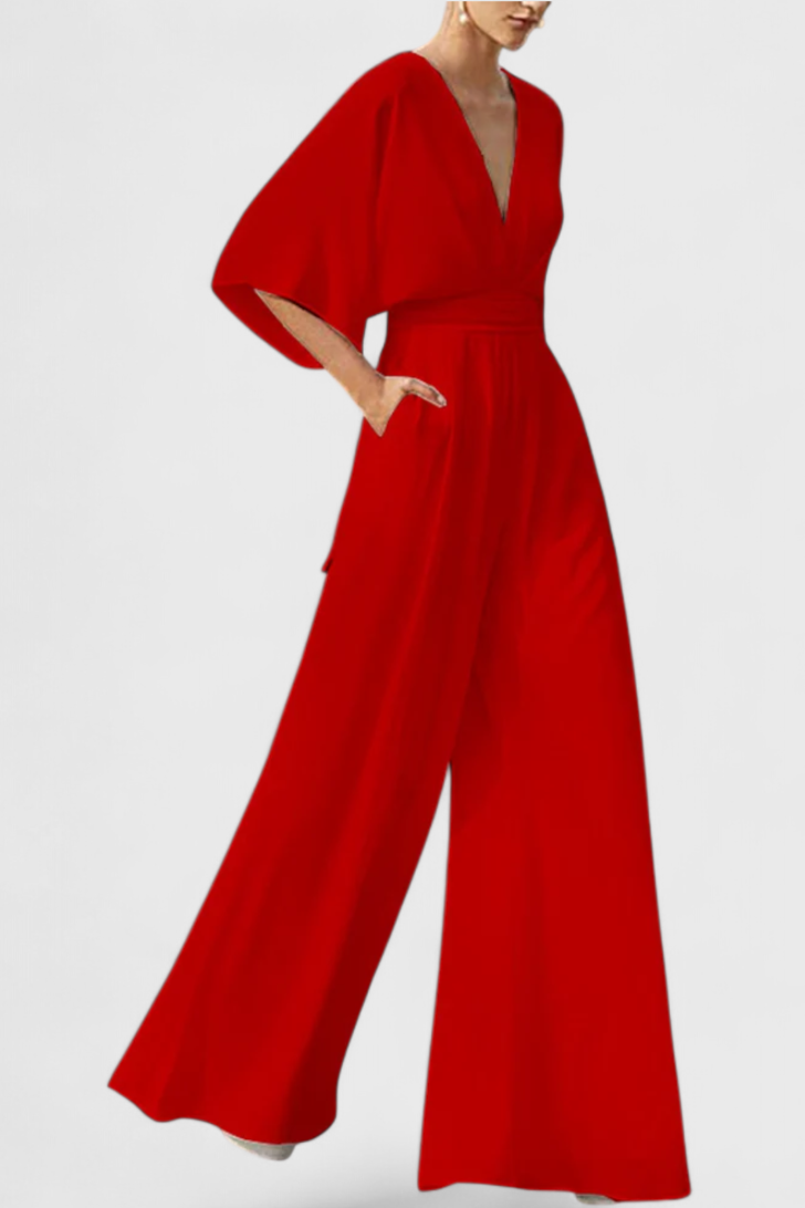 Mono Largo Elegante con Piernas Anchas y Escote en V