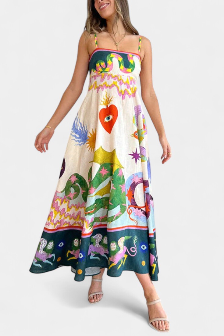 Vestido Midi de Mezcla de Lino Impresa Arlene
