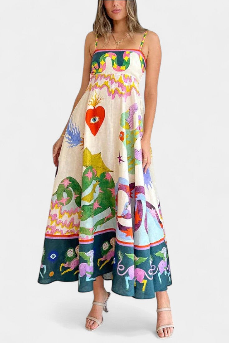 Vestido Midi de Mezcla de Lino Impresa Arlene
