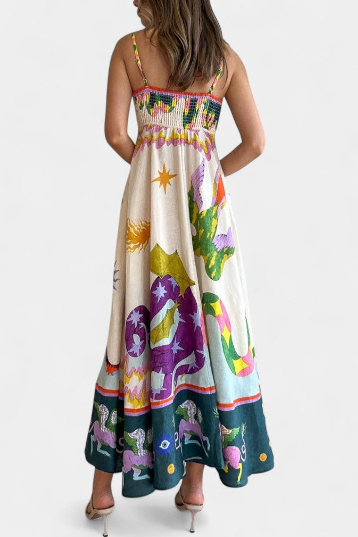 Vestido Midi de Mezcla de Lino Impresa Arlene