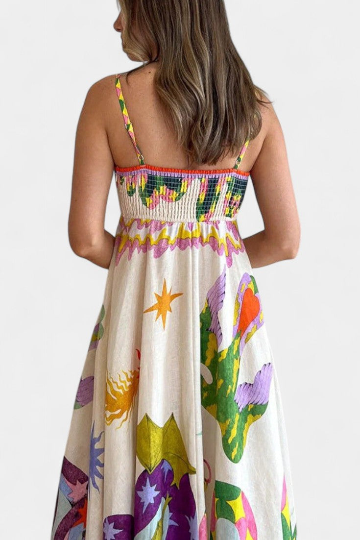 Vestido Midi de Mezcla de Lino Impresa Arlene