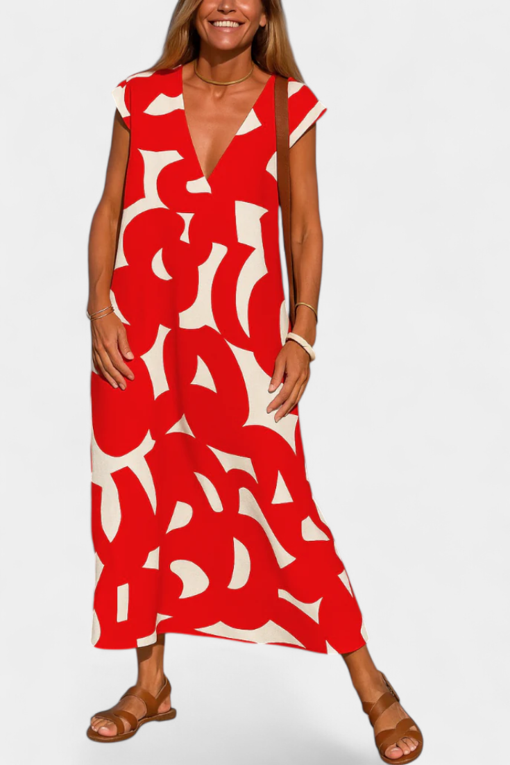 Vestido Casual Asela con Escote en V y Estampado Mixto