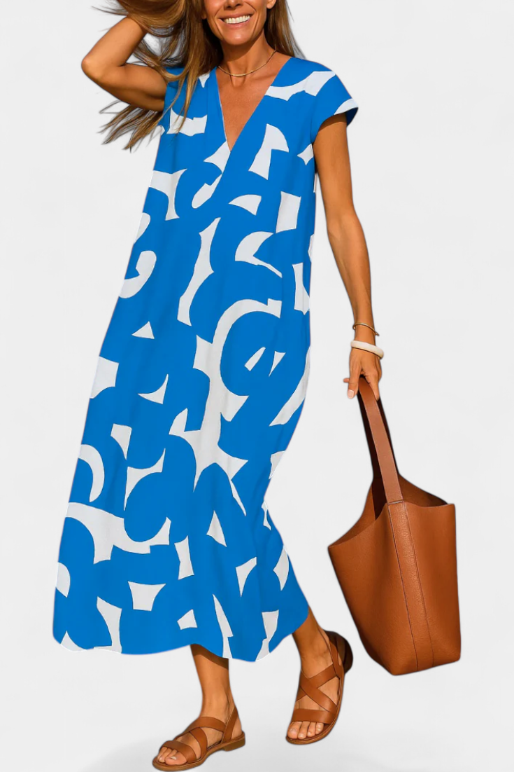 Vestido Casual Asela con Escote en V y Estampado Mixto