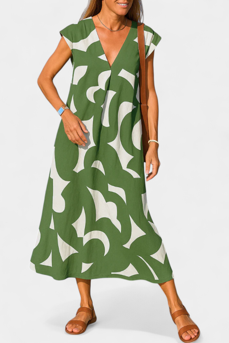 Vestido Casual Asela con Escote en V y Estampado Mixto