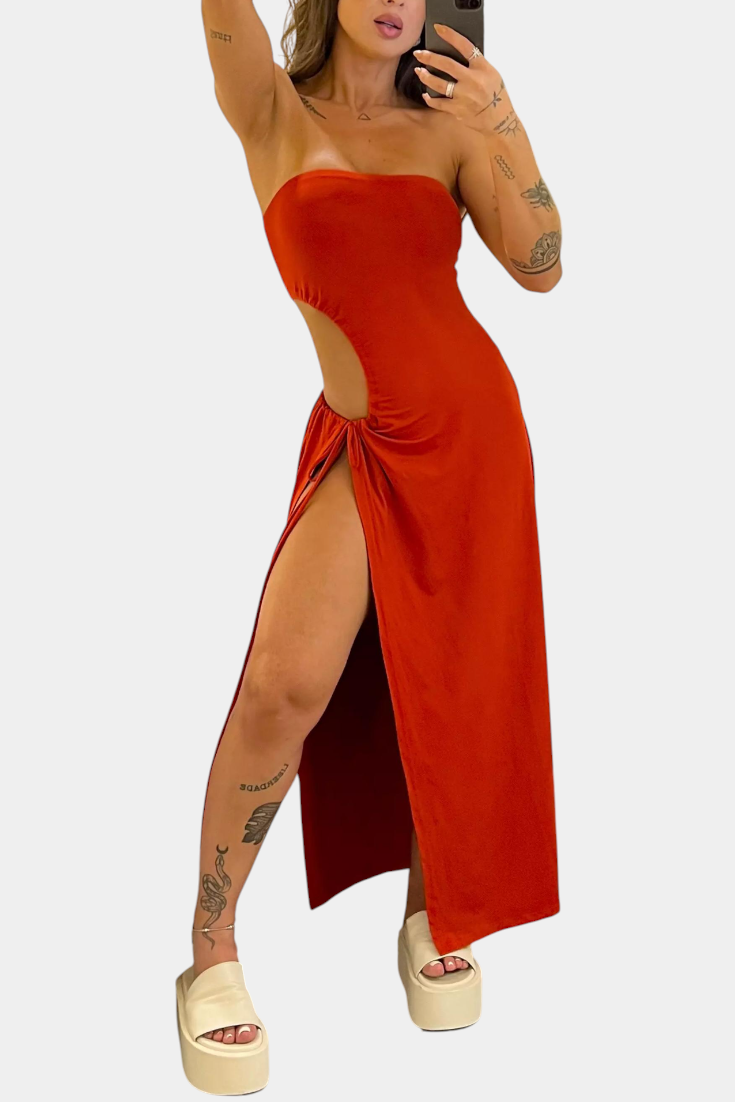 Vestido Teuta Sin Tirantes con Lazo Lateral y Alta Abertura