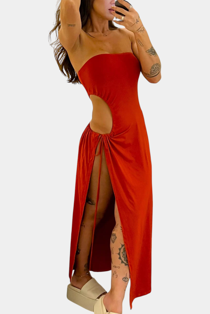 Vestido Teuta Sin Tirantes con Lazo Lateral y Alta Abertura