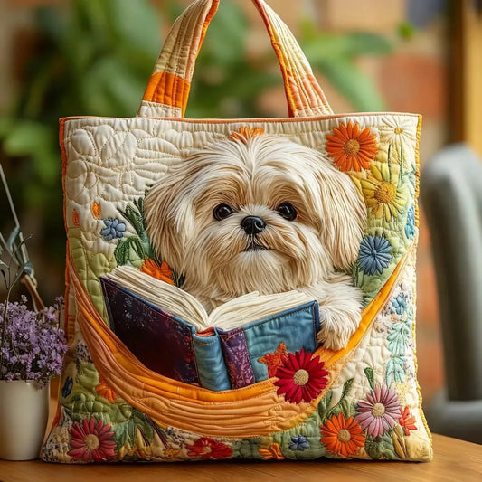 Bolso artesanal de perro con libros y flores