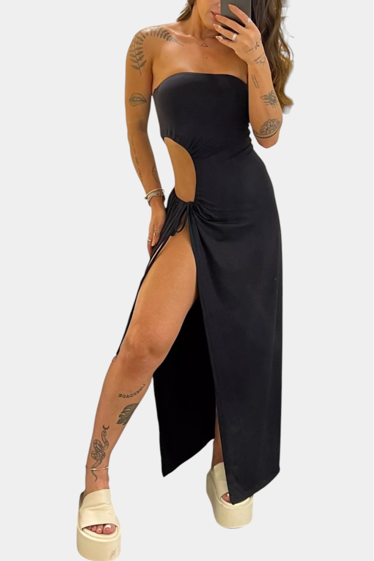 Vestido Teuta Sin Tirantes con Lazo Lateral y Alta Abertura