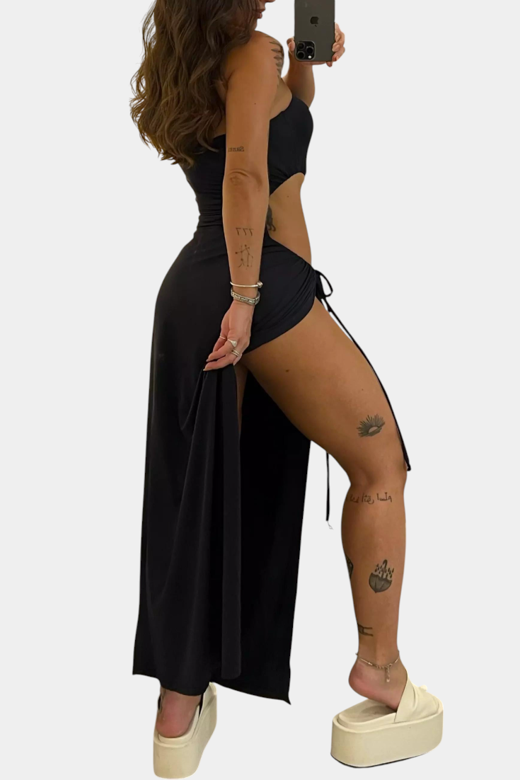 Vestido Teuta Sin Tirantes con Lazo Lateral y Alta Abertura