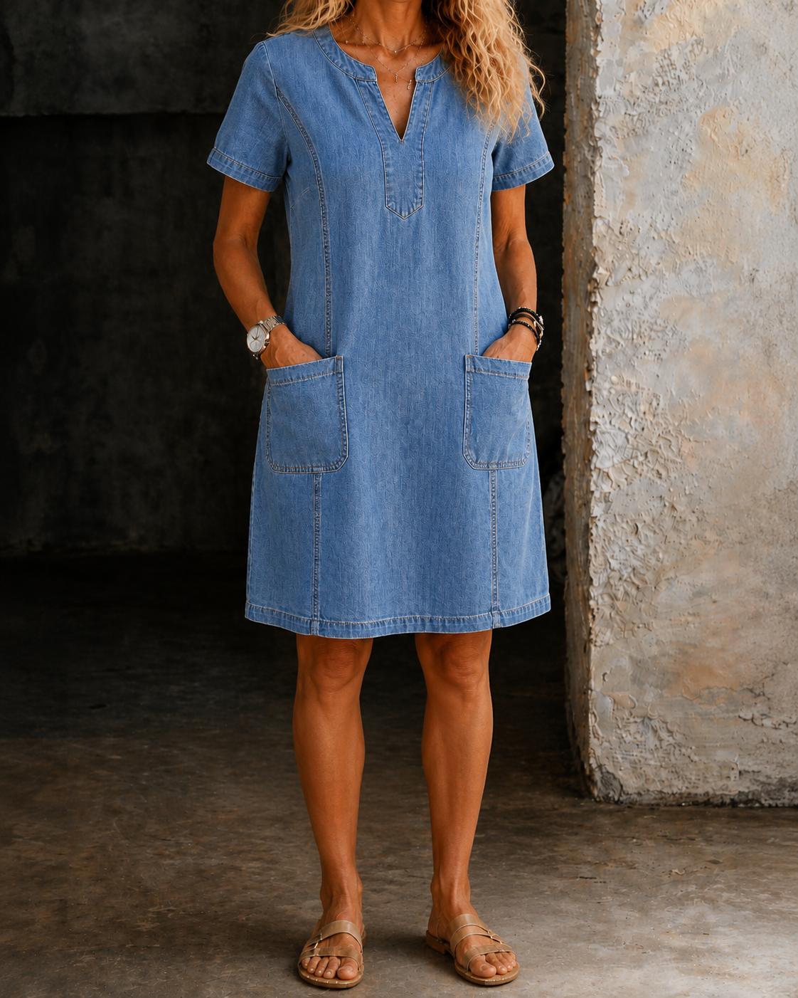 Barbara | Vestido vaquero con cuello en V y bolsillos grandes