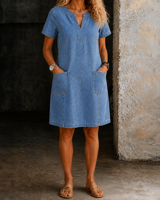 Barbara | Vestido vaquero con cuello en V y bolsillos grandes