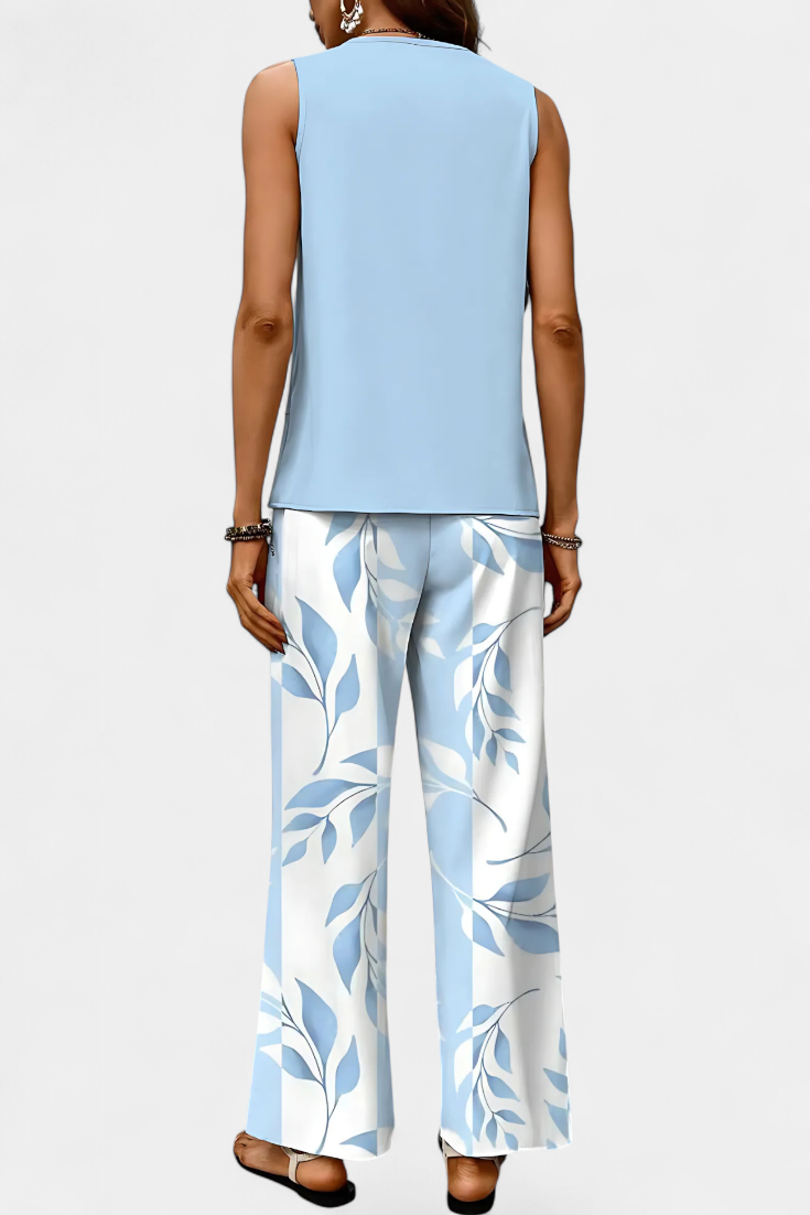 Conjunto Boho Elegante Martina con Top Sin Mangas y Pantalones Rectos Impresos