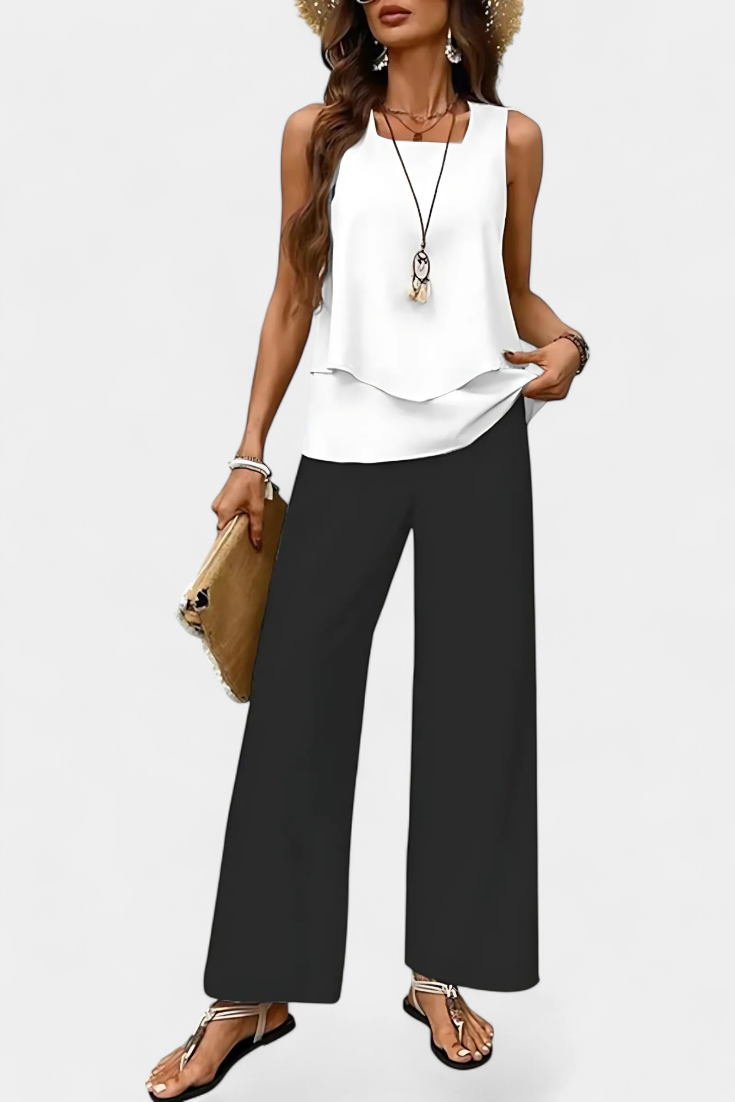 Conjunto Boho Elegante Martina con Top Sin Mangas y Pantalones Rectos Impresos