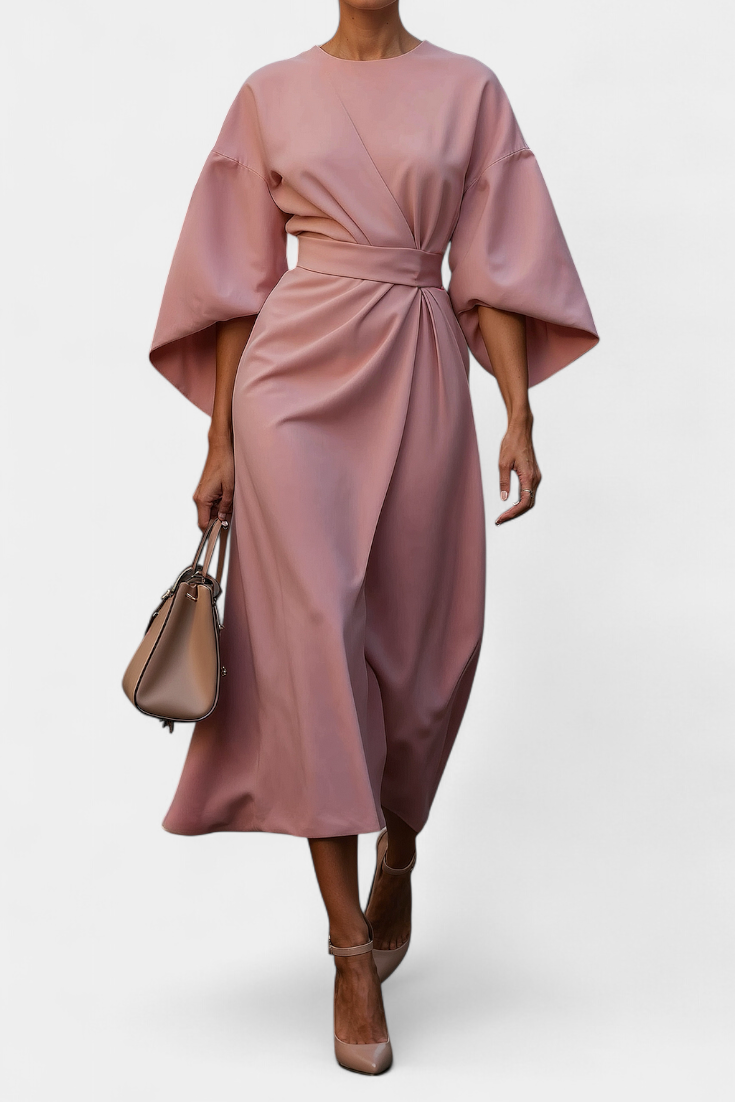 Vestido Midi Micaela con Mangas de Linterna y Cintura Ajustada