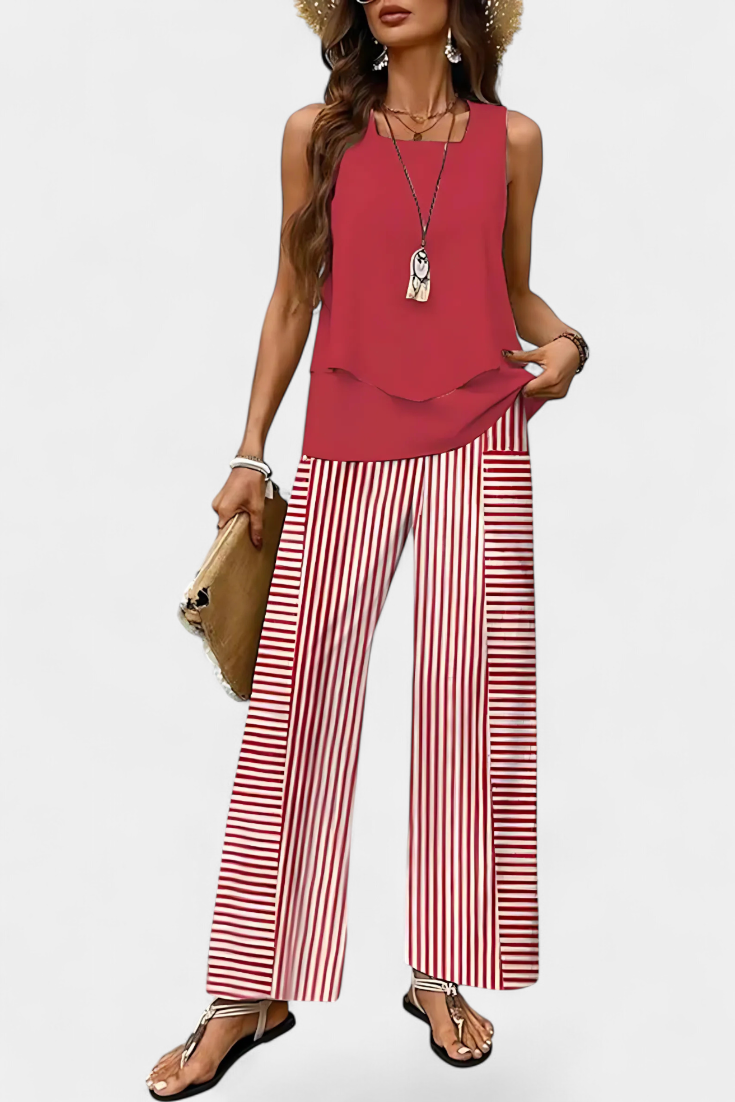 Conjunto Boho Elegante Martina con Top Sin Mangas y Pantalones Rectos Impresos