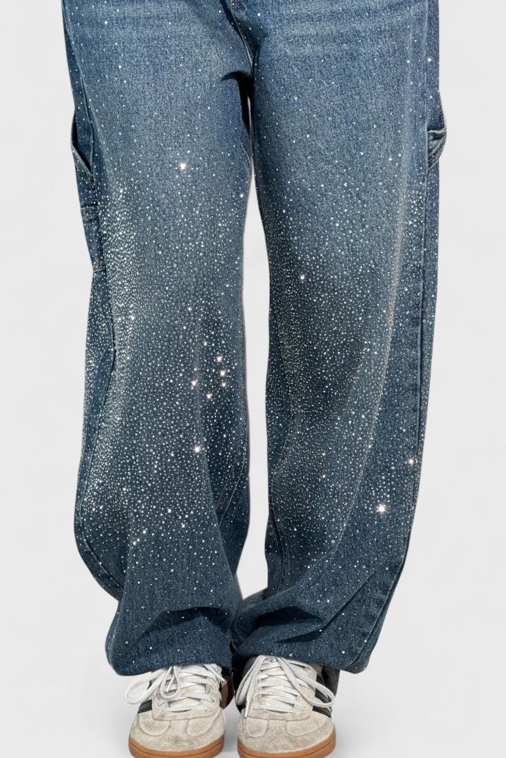 Jeans Cargo Dariya con Brillo y Aplicaciones de Piedras Preciosas