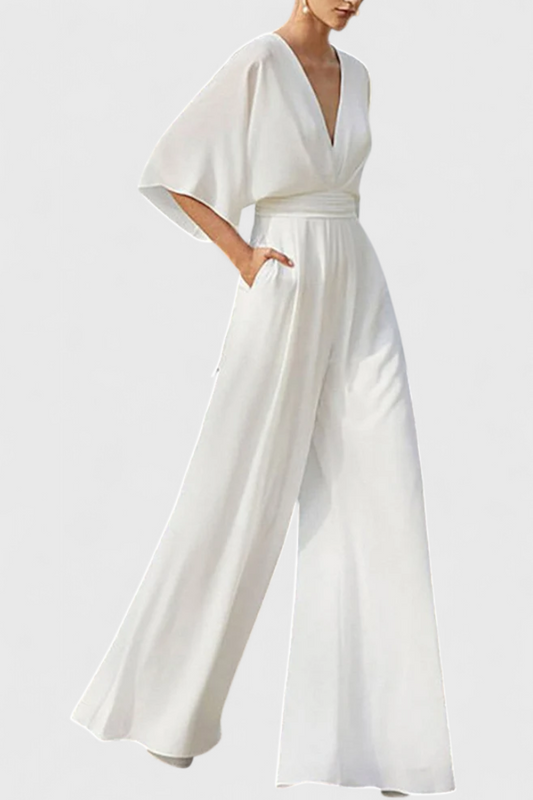 Mono Largo Elegante con Piernas Anchas y Escote en V