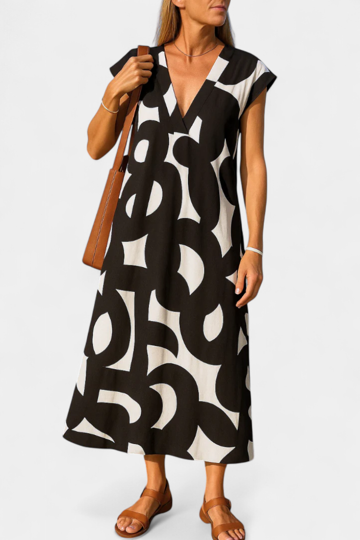 Vestido Casual Asela con Escote en V y Estampado Mixto