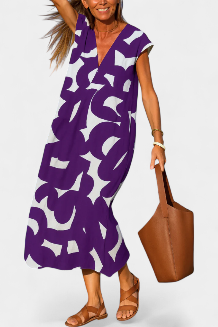 Vestido Casual Asela con Escote en V y Estampado Mixto