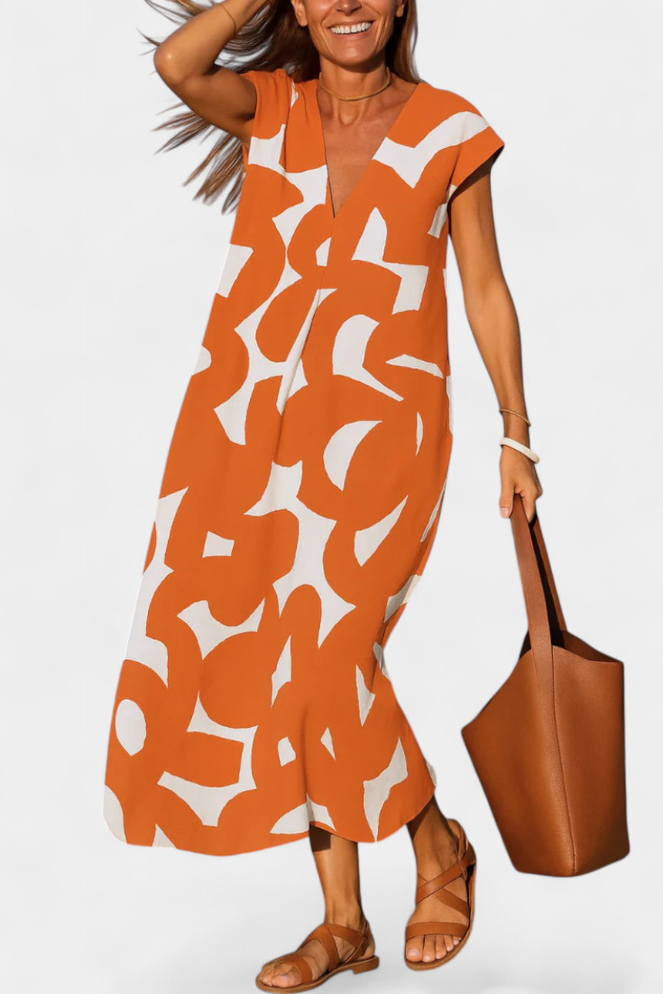 Vestido Casual Asela con Escote en V y Estampado Mixto