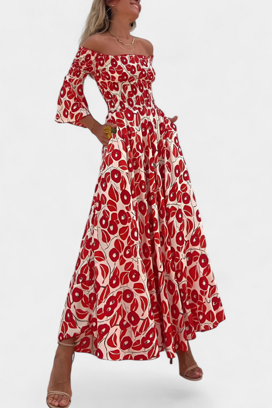 Vestido Floral del Mar con Hombros Descubiertos