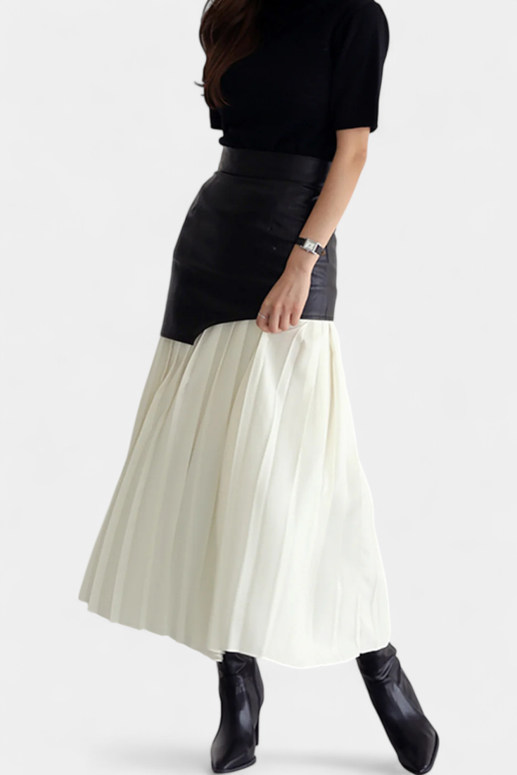 Falda Maxi Asimétrica Noelle en Chiffon y Cuero Sintético