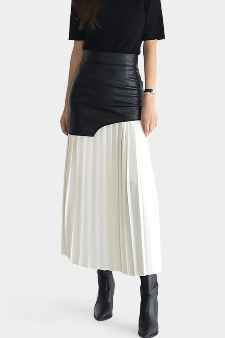 Falda Maxi Asimétrica Noelle en Chiffon y Cuero Sintético