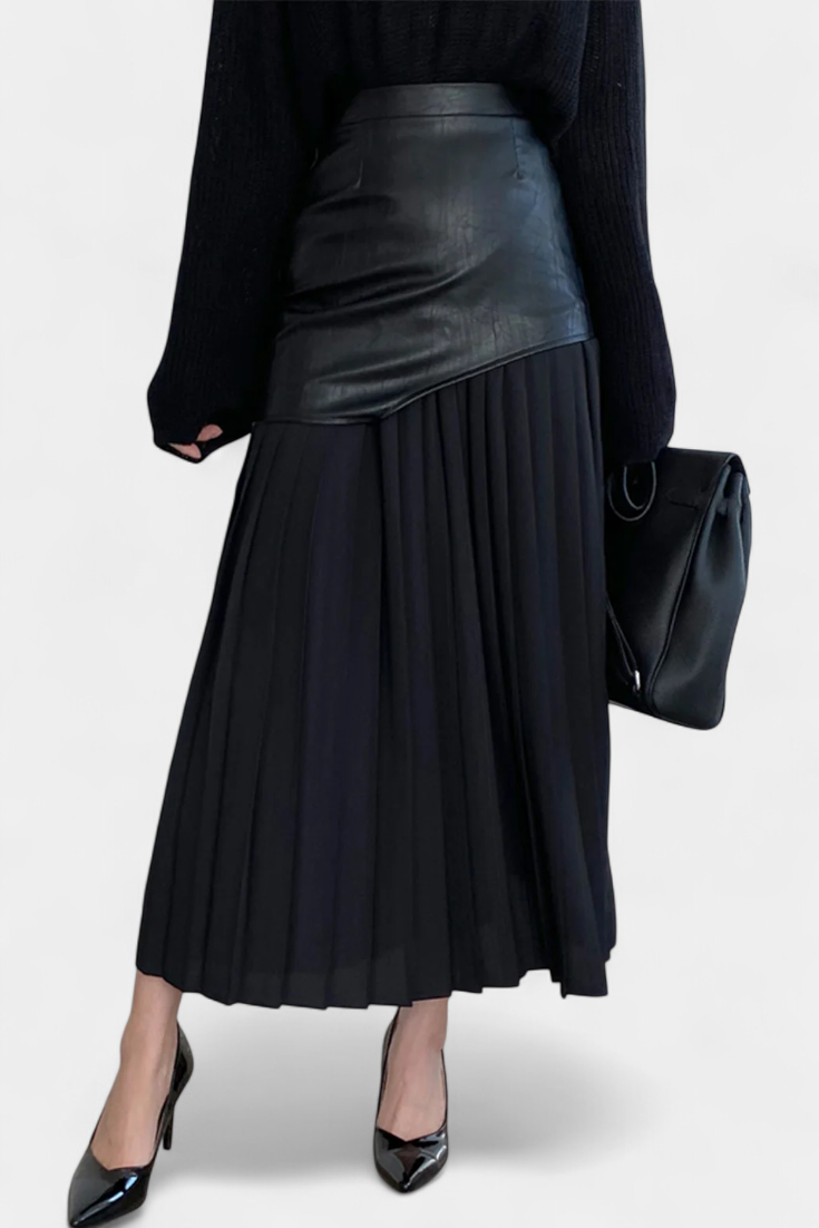 Falda Maxi Asimétrica Noelle en Chiffon y Cuero Sintético