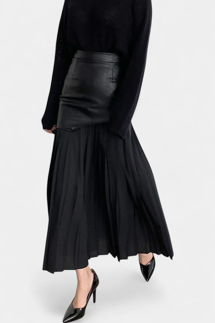 Falda Maxi Asimétrica Noelle en Chiffon y Cuero Sintético
