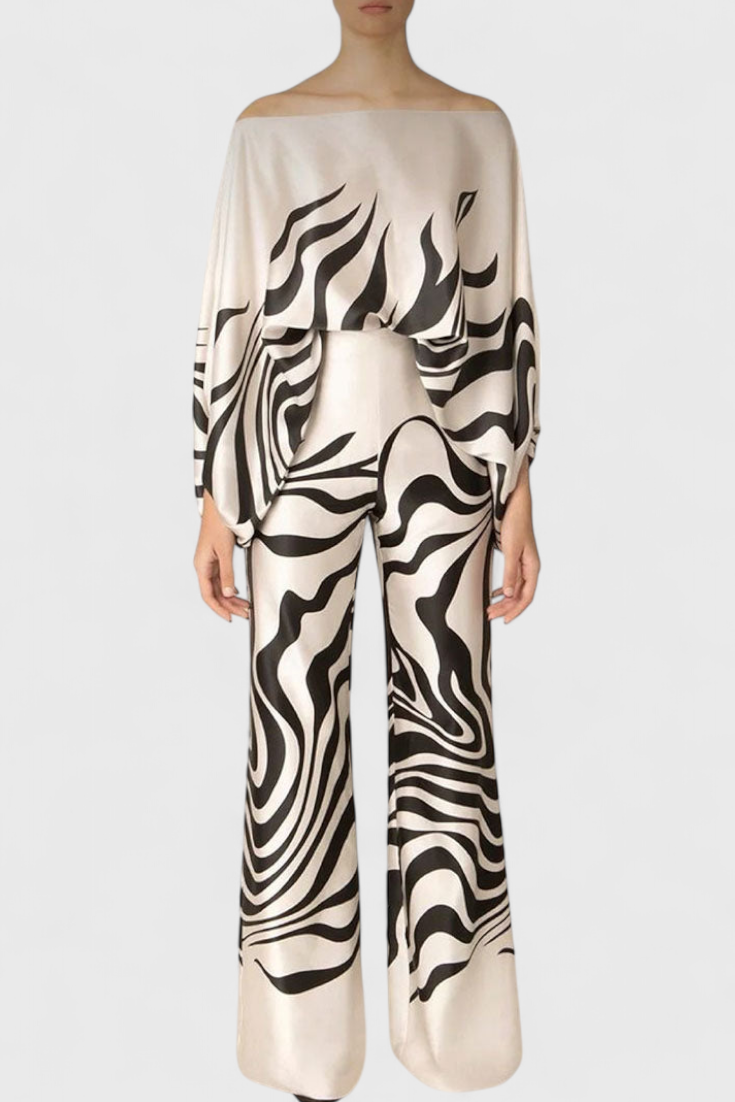 Conjunto de Dos Piezas Sybella con Top Off-the-Shoulder y Pantalones Anchos Estampados