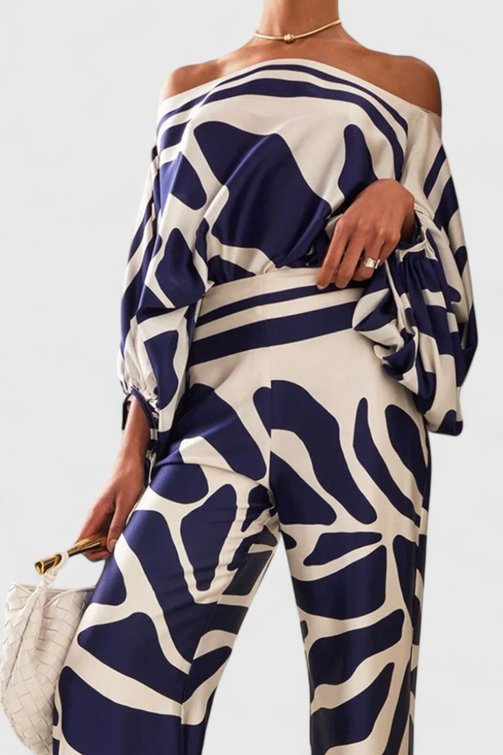 Conjunto de Dos Piezas Sybella con Top Off-the-Shoulder y Pantalones Anchos Estampados