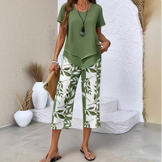 Conjunto Mujer Elegante de 2 Piezas con Túnica Superpuesta y Pantalón Ancho