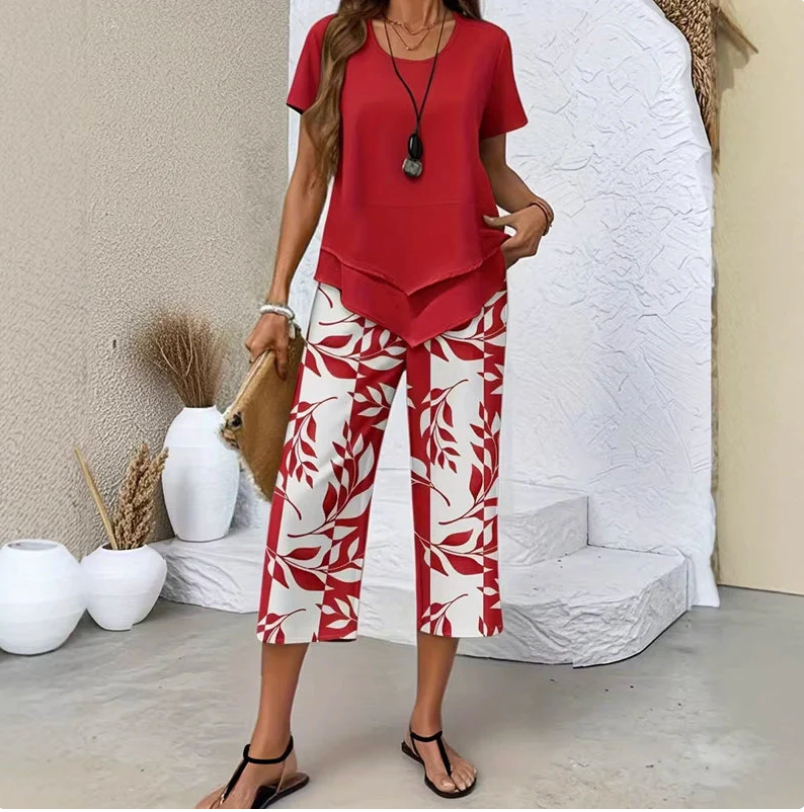 Conjunto Mujer Elegante de 2 Piezas con Túnica Superpuesta y Pantalón Ancho