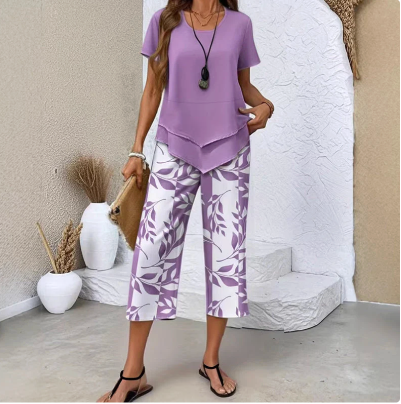 Conjunto Mujer Elegante de 2 Piezas con Túnica Superpuesta y Pantalón Ancho