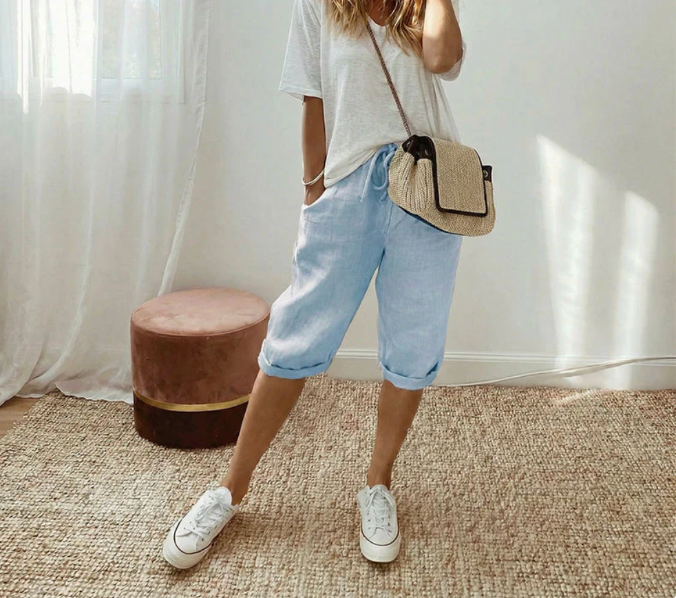 Pantalones cortos informales de algodón y lino para mujer