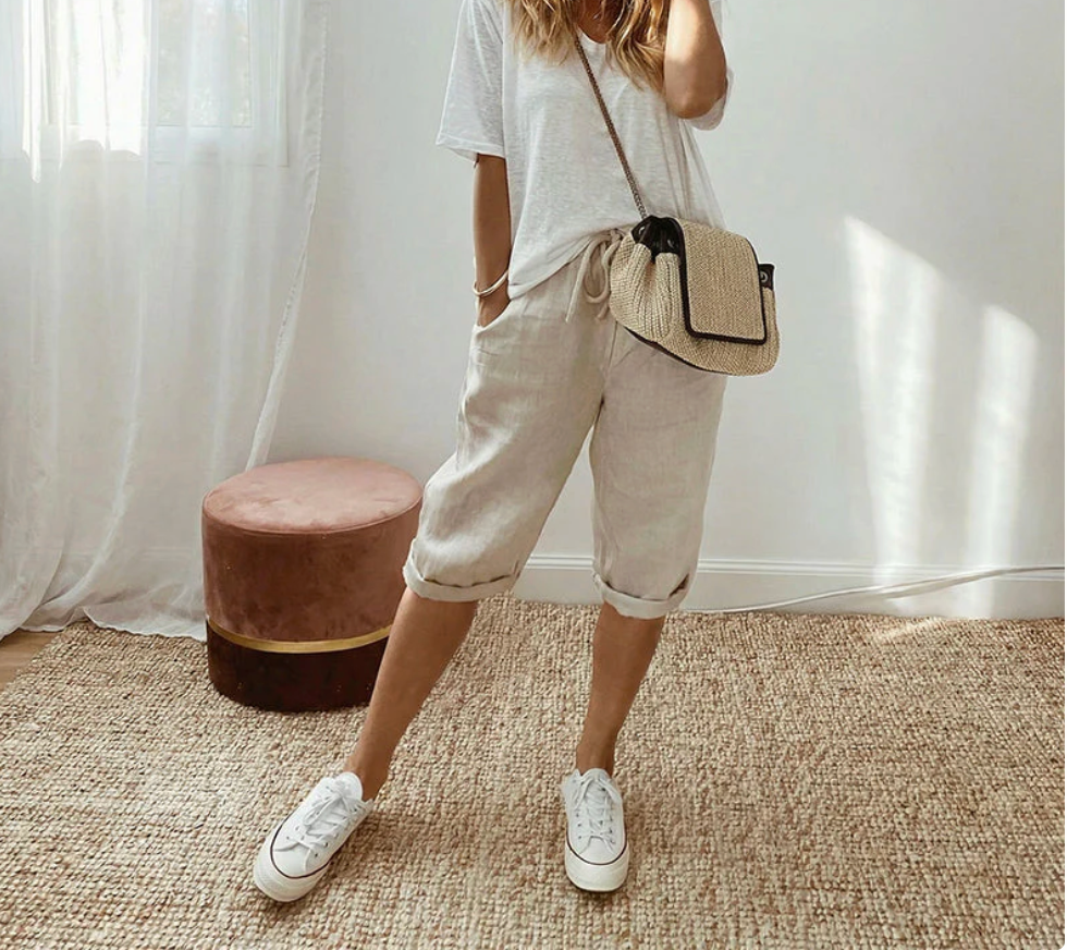 Pantalones cortos informales de algodón y lino para mujer