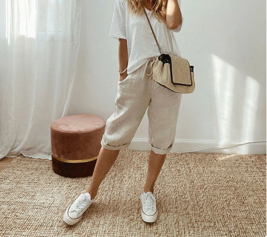 Pantalones cortos informales de algodón y lino para mujer
