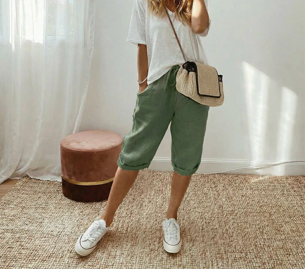 Pantalones cortos informales de algodón y lino para mujer