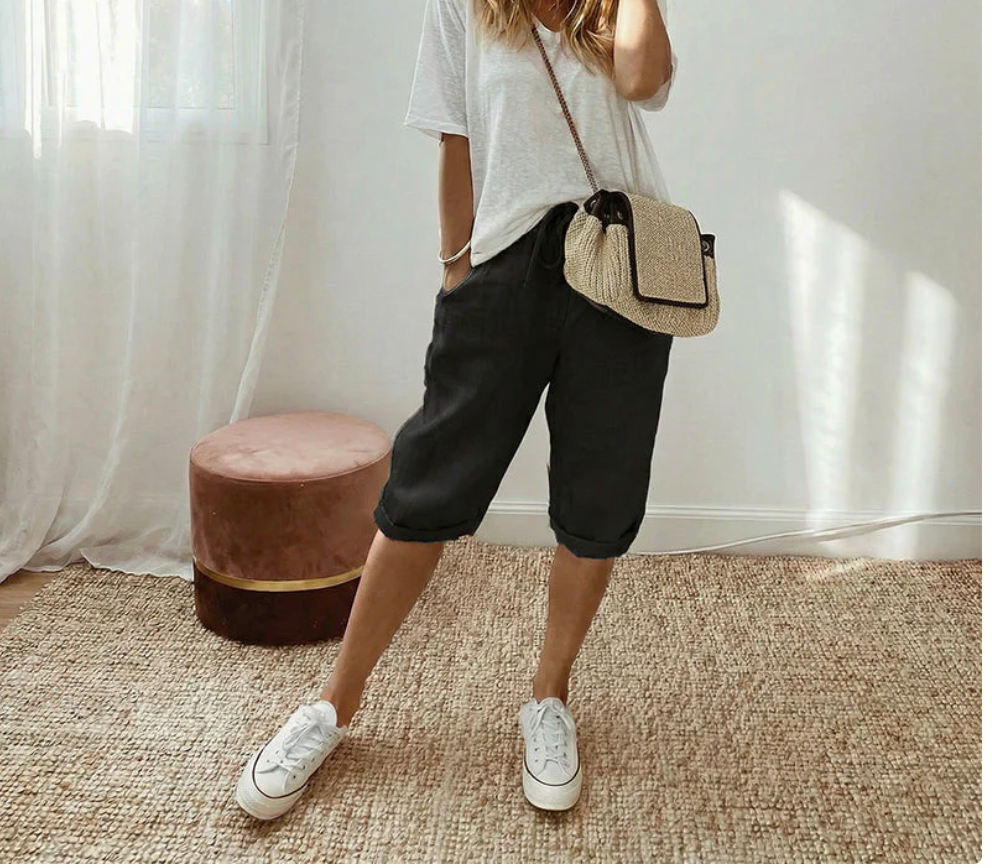 Pantalones cortos informales de algodón y lino para mujer