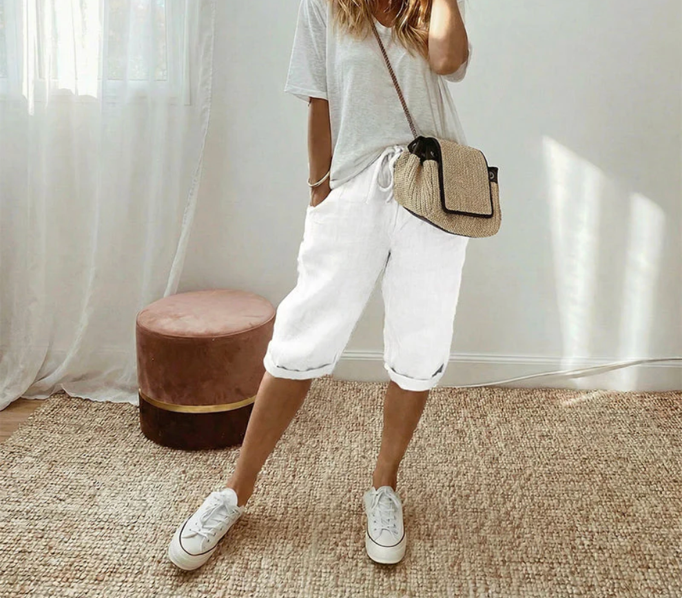 Pantalones cortos informales de algodón y lino para mujer