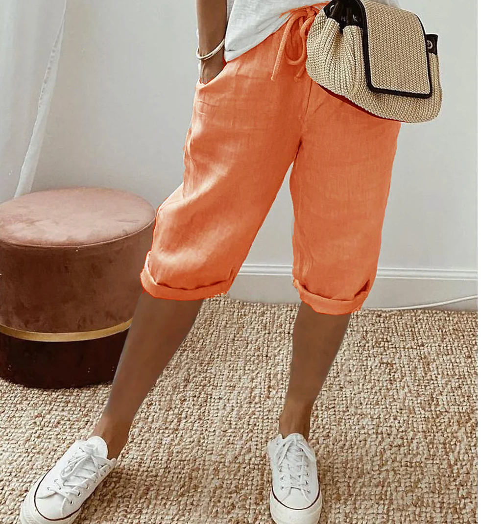 Pantalones cortos informales de algodón y lino para mujer