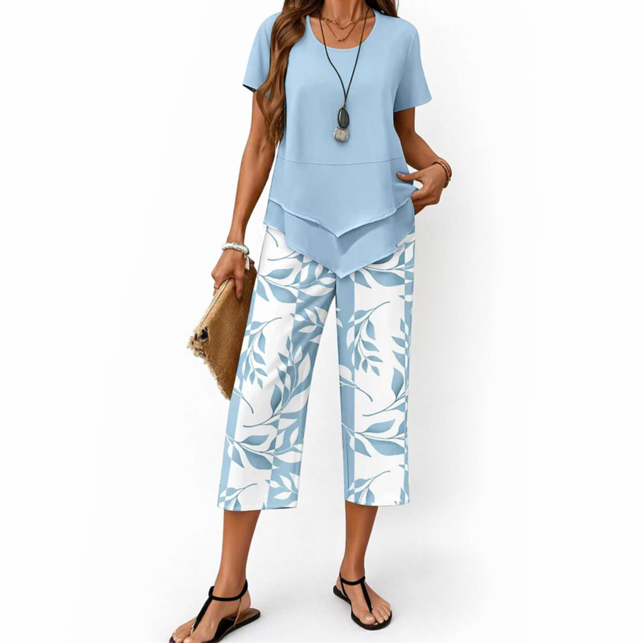 Conjunto Mujer Elegante de 2 Piezas con Túnica Superpuesta y Pantalón Ancho