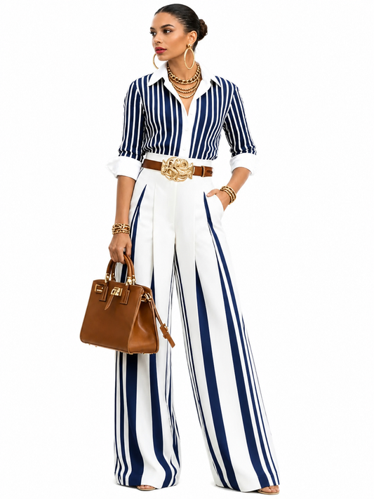 Conjunto De Mujer a Rayas Con Camisa Y Pantalón Ancho